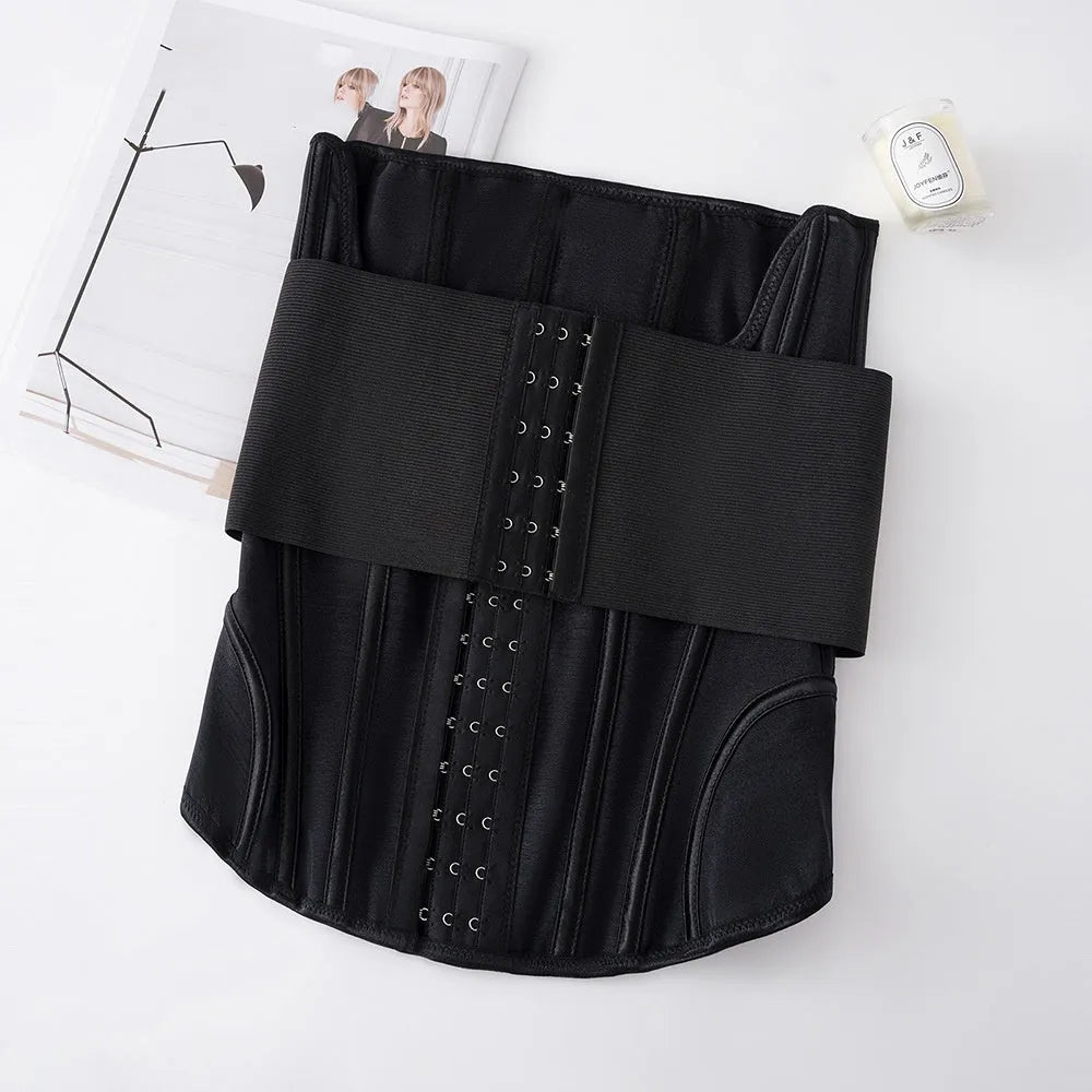 Nylon waist training belly band in black or apricot colour showing belt tie fastener
