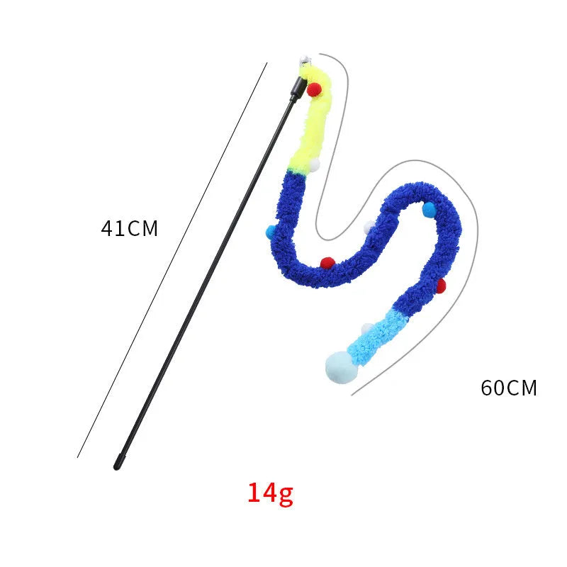 Blue interactive cat wand toy with a long plush strip, fluffy ball, and bells on a 41cm pole.