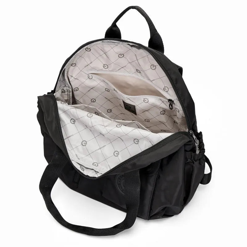 Outdoor backpack with sandwich pocket design in black, khaki, or green letters colours