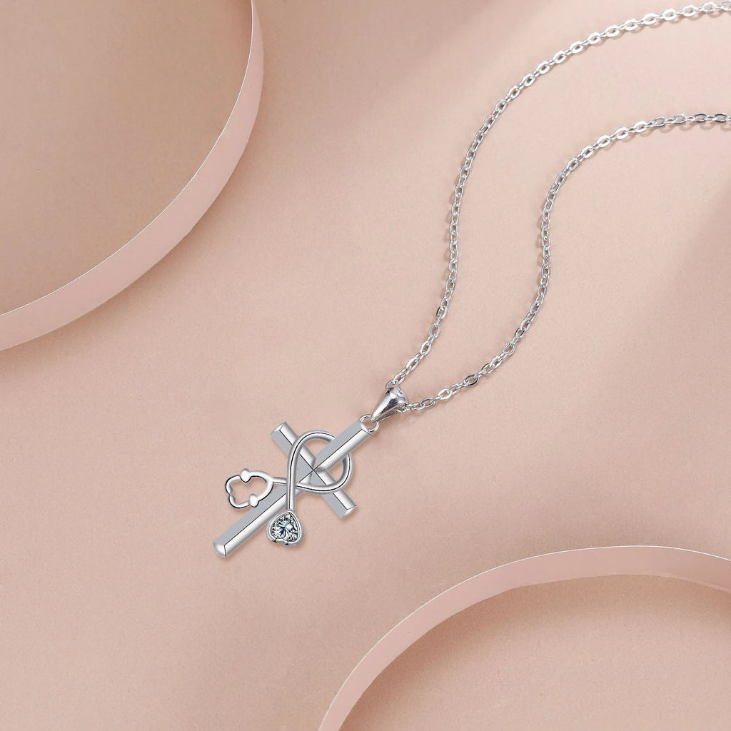 Women's cross stethoscope necklace with copper pendant and electroplated finish