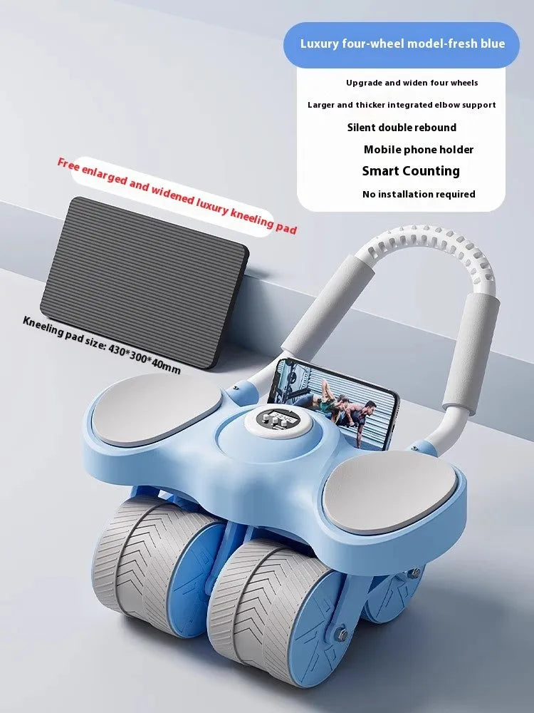 Abdominal wheel with elbow support and automatic rebound mechanism in blue colour