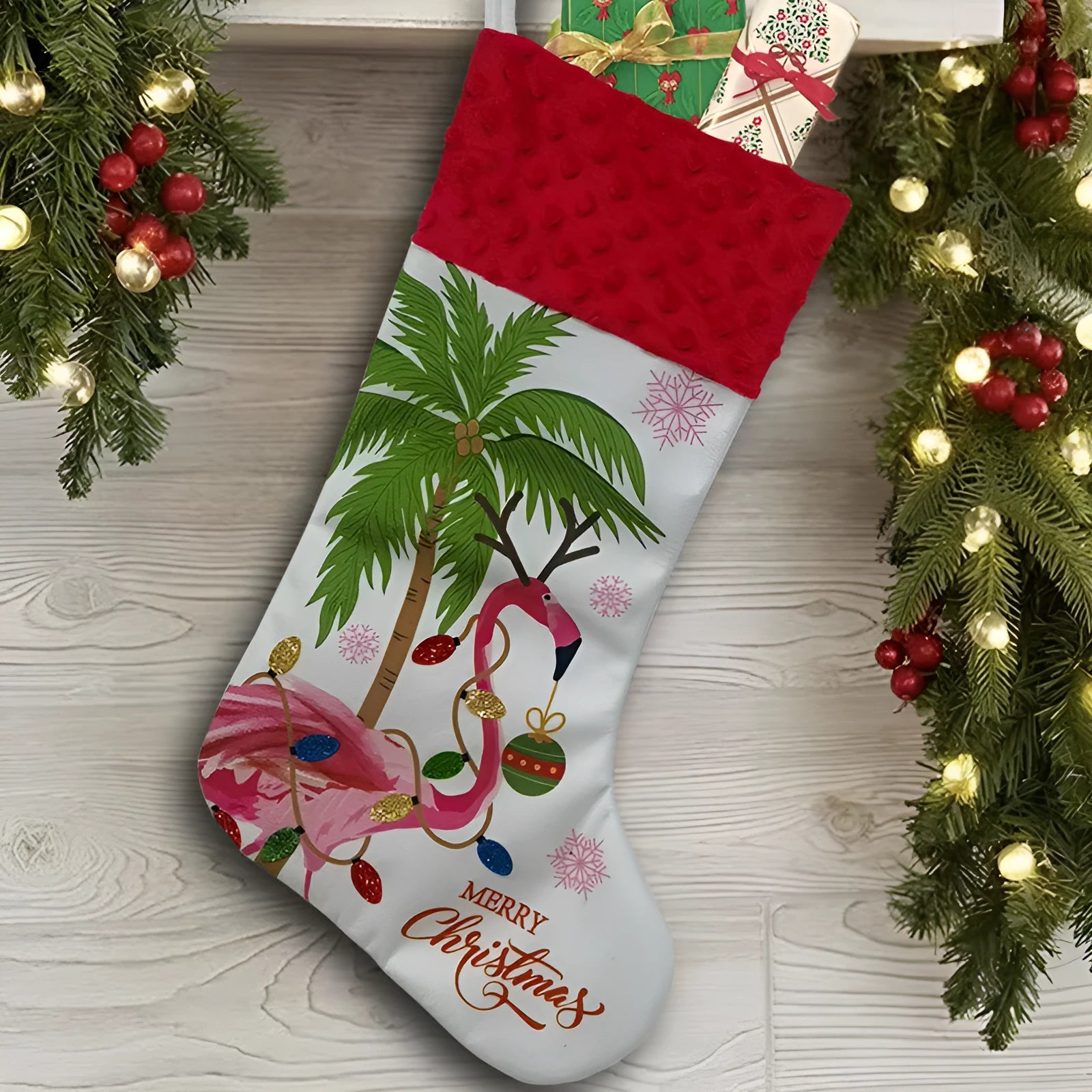 Flamingo Christmas stocking decoration in cloth fabric measuring 46cm by 28cm