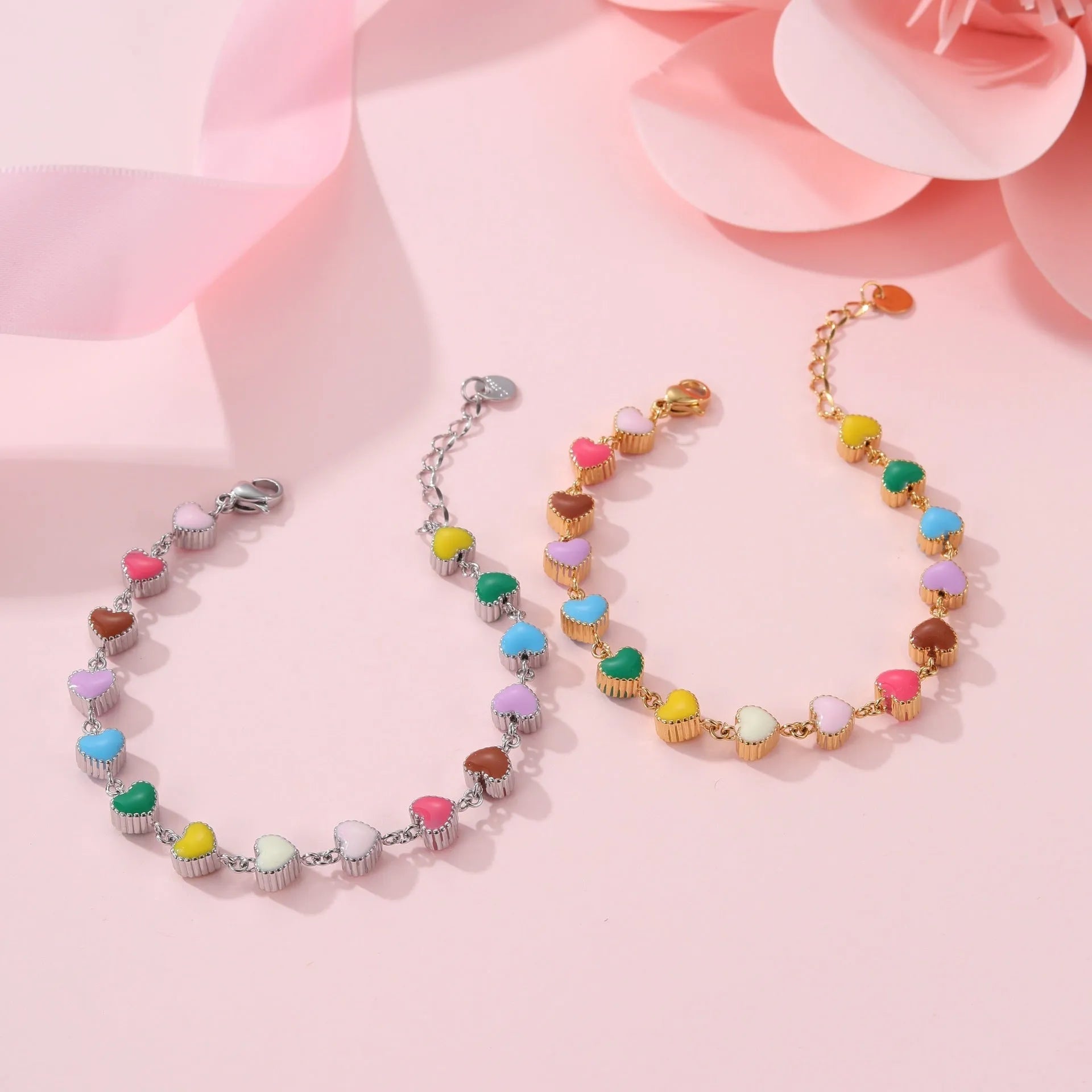 Love heart-shaped colourful oil necklace bracelet in stainless steel with gold electroplated finish