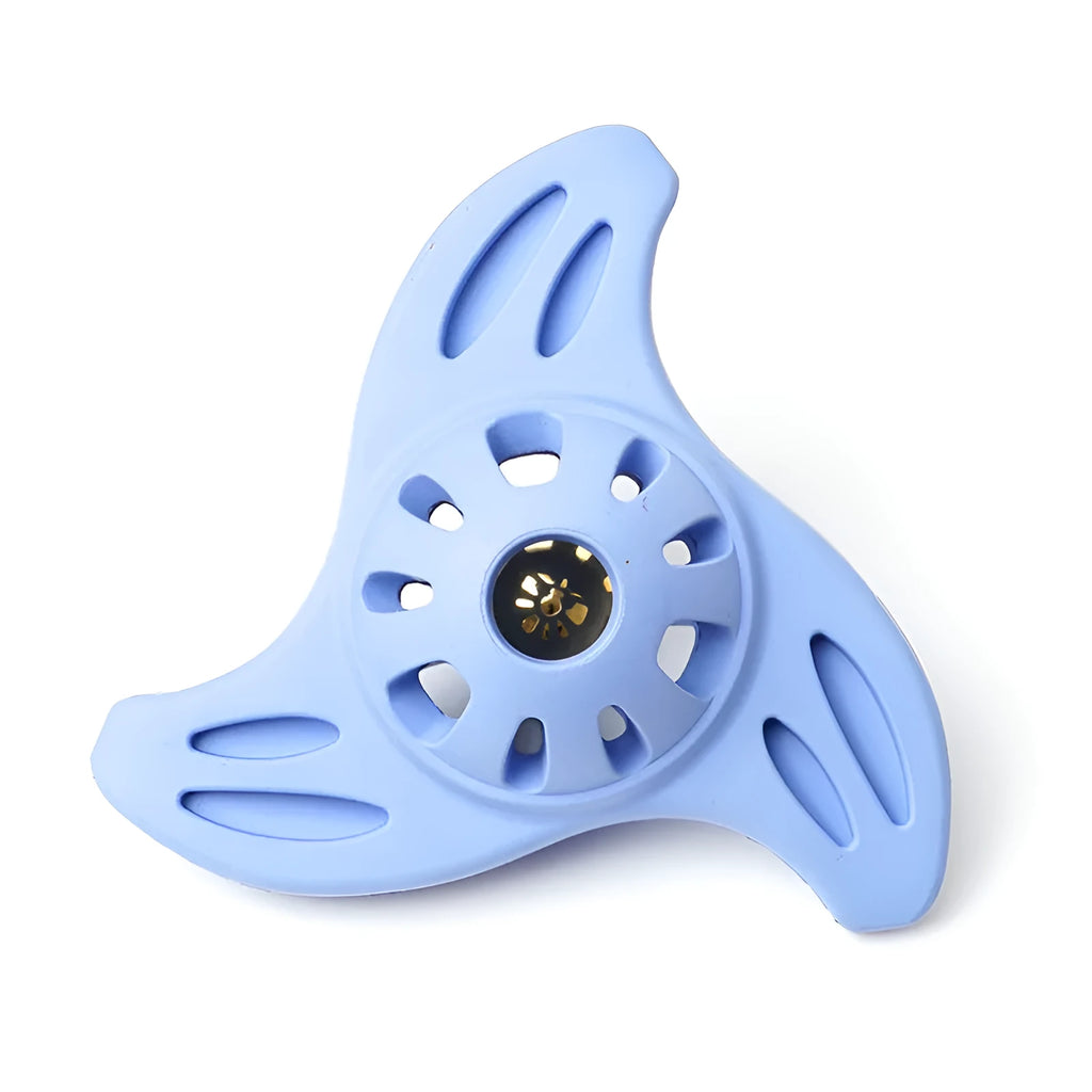 Blue boomerang-shaped dog chew toy with textured edges for dental stimulation