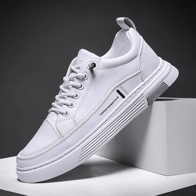 Men's white low-top skateboard shoes with elastic band closure and round toe