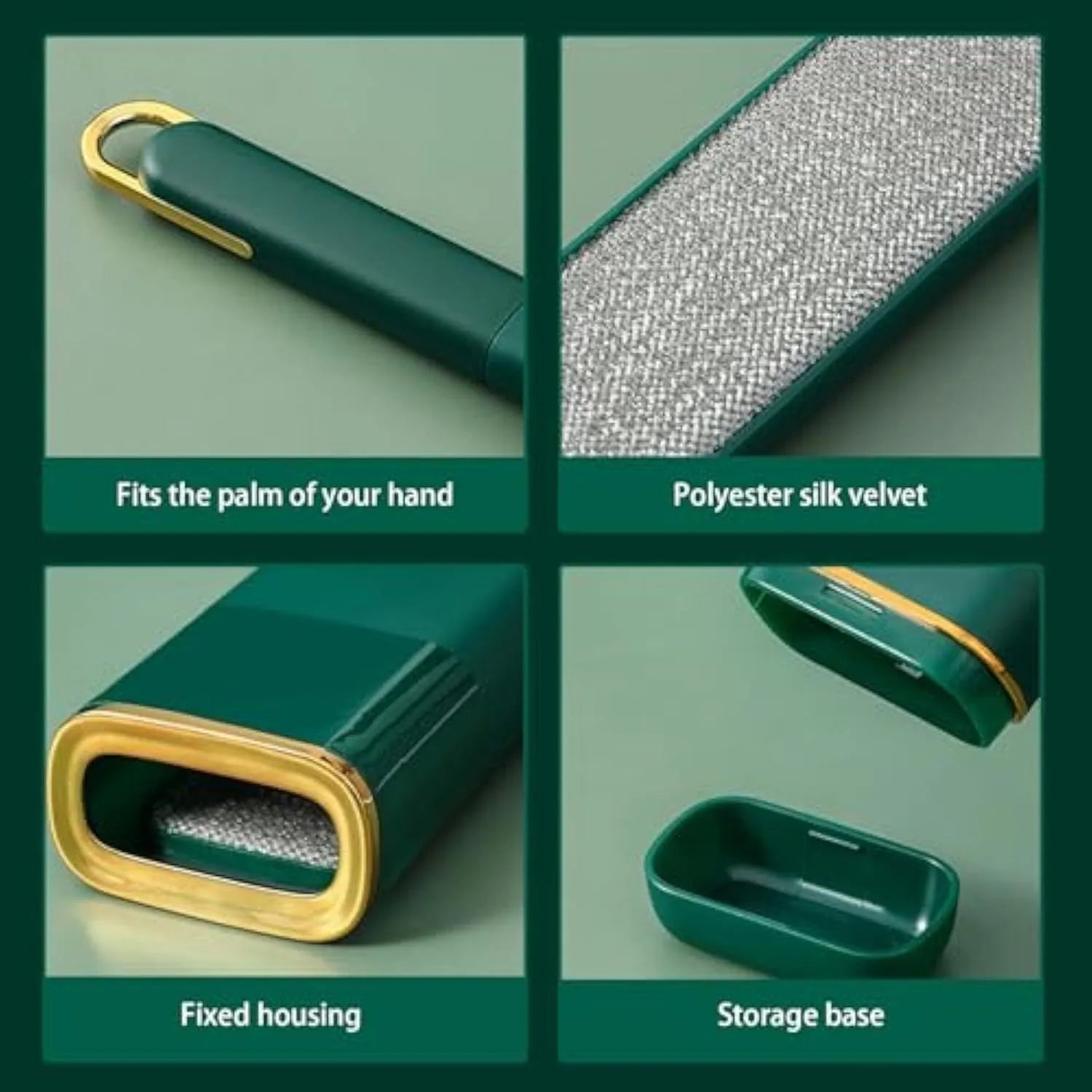 Blue, green and white pet hair remover brush with a reusable lint roller and storage box.
