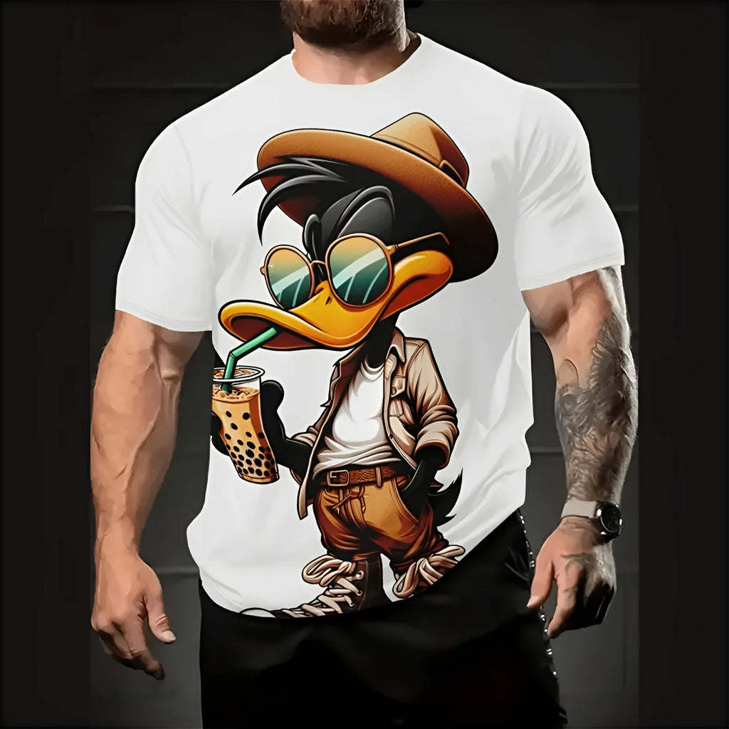 A man wearing a loose-fit, short sleeve linen shirt with a cartoon print, showcasing its casual summer style.