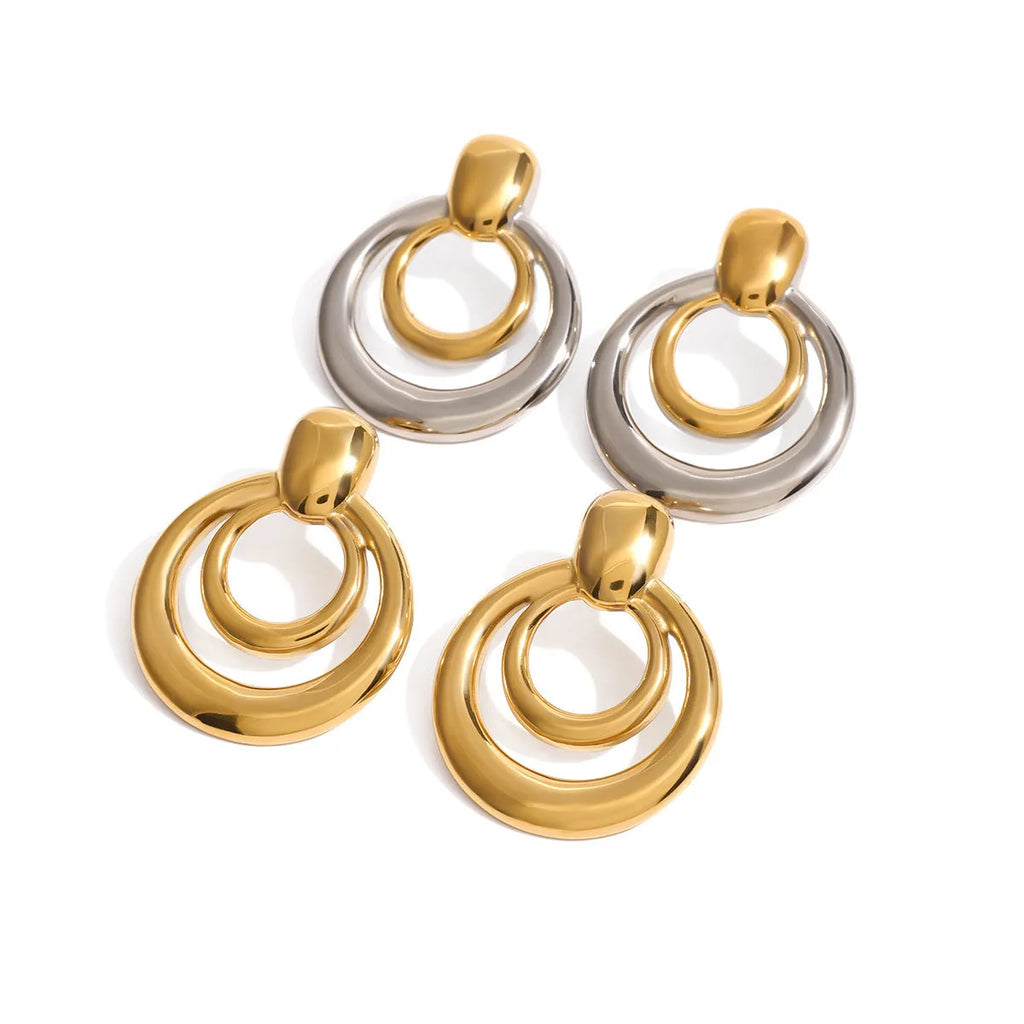 Round geometric double layer hollow stud earrings with 18K gold plating