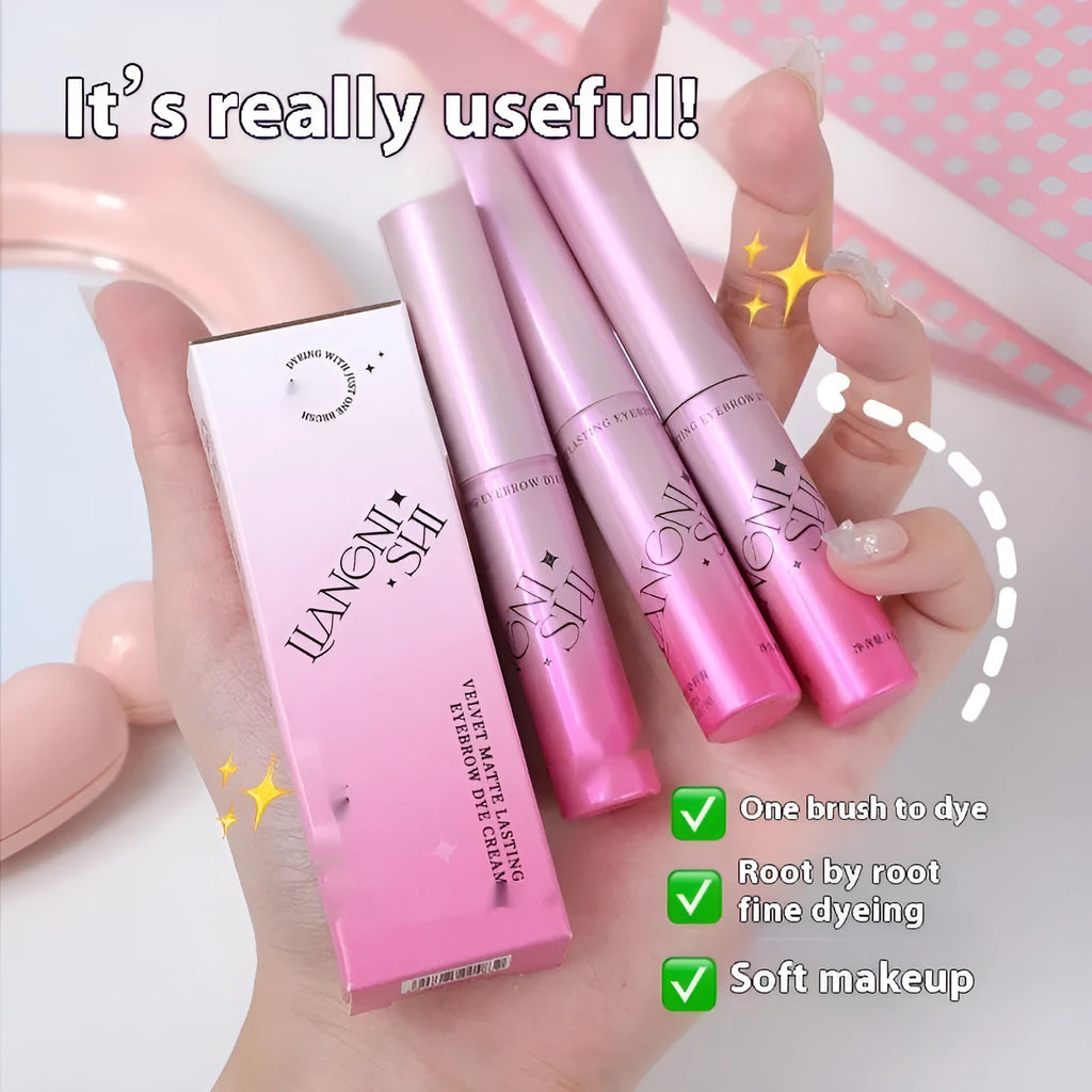 Velvet Fog eyebrow cream in packaging showing four colour options: coconut palm milk coffee, raw latte, coffee pink latte, and raw latte