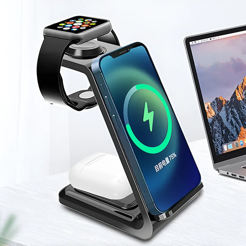 Black and white upright wireless phone charger with dual coil technology and integrated TYPE-C cable
