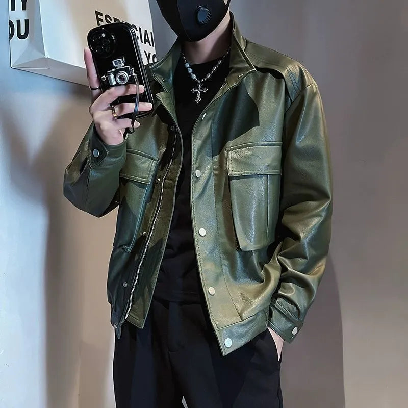 Men's black PU leather pilot jacket with straight hem and side seam pockets, Korean style.