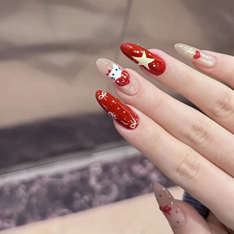 False nails sets for girls showing floral and glitter designs on short oval and stiletto nail shapes