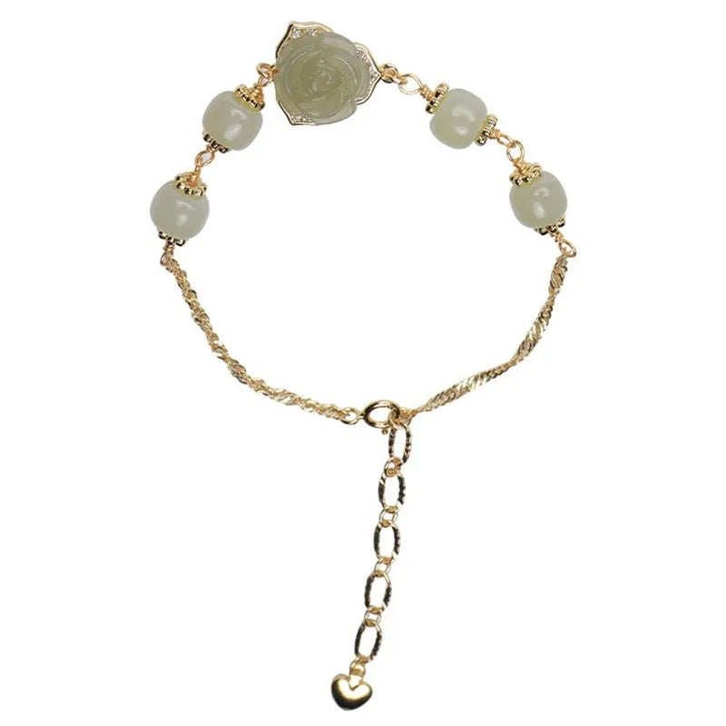 Women's Hetian jade bracelet with rose flower design and 14K gold plating