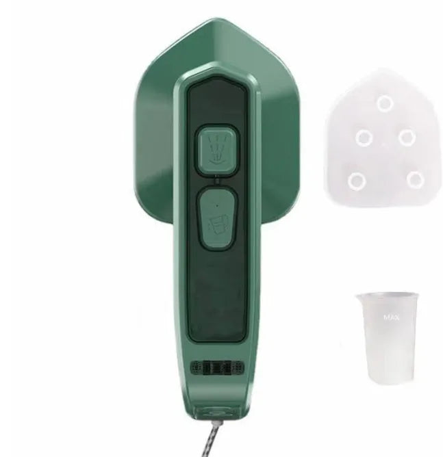 Dark green portable hanging steam iron machine with ceramic panel and compact design.
