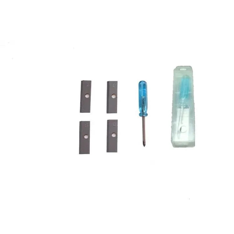 Geometric plastic pencil sharpener with four colour-coded holes and integrated screwdriver tool