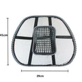 Black leather-pattern car lumbar support pillow showing adjustable steel wire frame construction