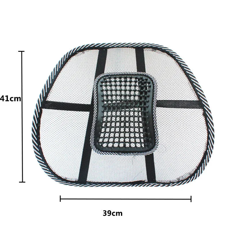 Black leather-pattern car lumbar support pillow showing adjustable steel wire frame construction