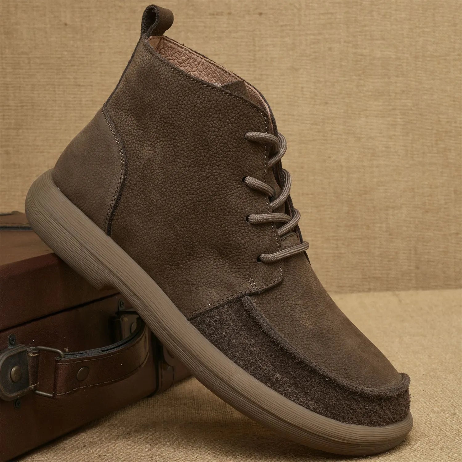 Grey genuine leather martin boots with wedge heel and front lace-up fastening