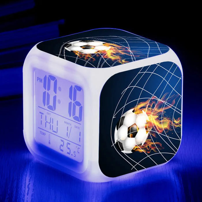 Square football pattern alarm clock with silent mode for children's bedrooms