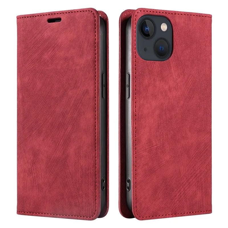 Magnetic flip phone case for iPhone in various colours showing leather and TPU construction