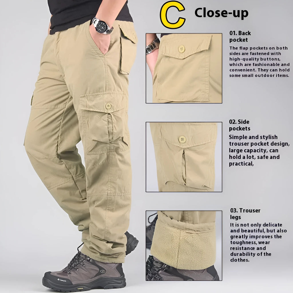Men's stone washed cotton overalls with velvet lining in khaki, shown in a loose, straight-leg fit.