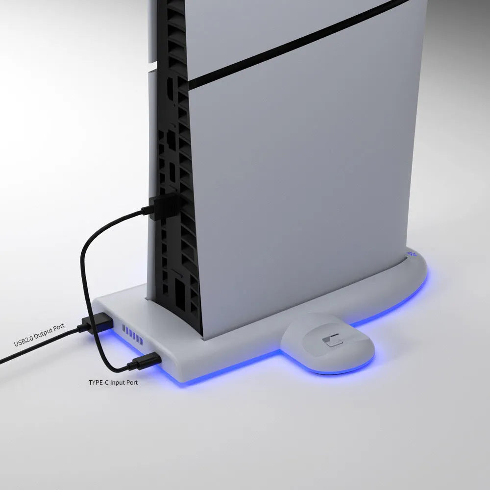 White PS5 Slim multi-function charging base with cooler fan, charging belt, and RGB lights
