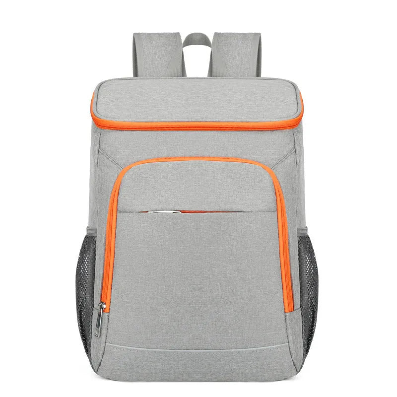 Large black outdoor backpack with curved shoulder straps showing expansion compartments for thermal picnic storage