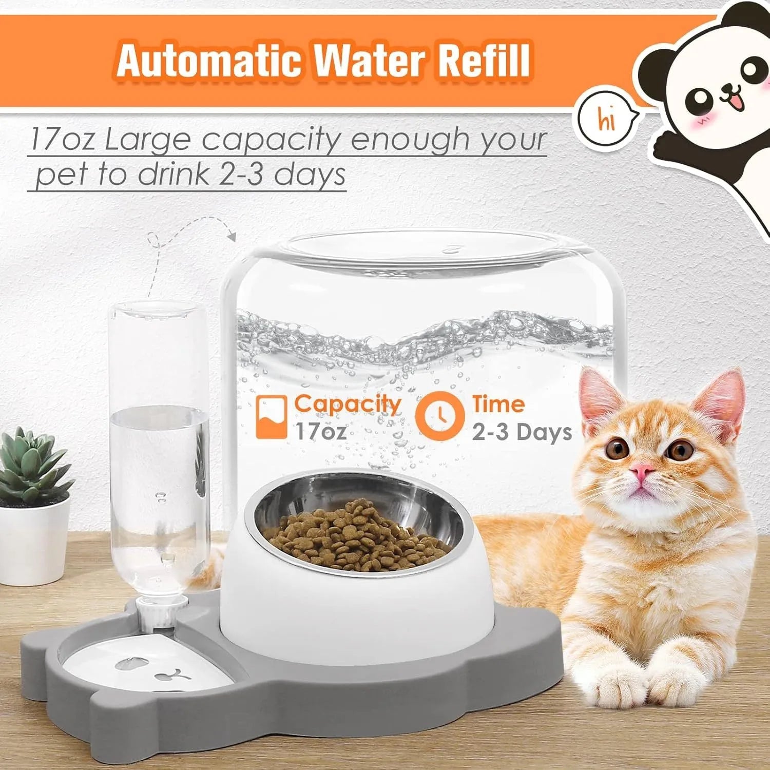 Grey panda-shaped pet feeder with tilted stainless steel bowls and automatic water bottle