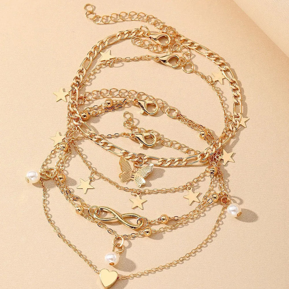 Women's butterfly pearl heart anklet 4-piece set layered alloy jewellery