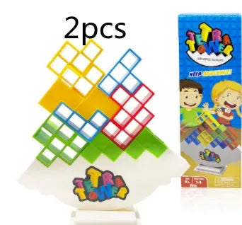 Plastic balance stacking board game with 16 colourful blocks, chassis, and base in a 26.5cm square box.