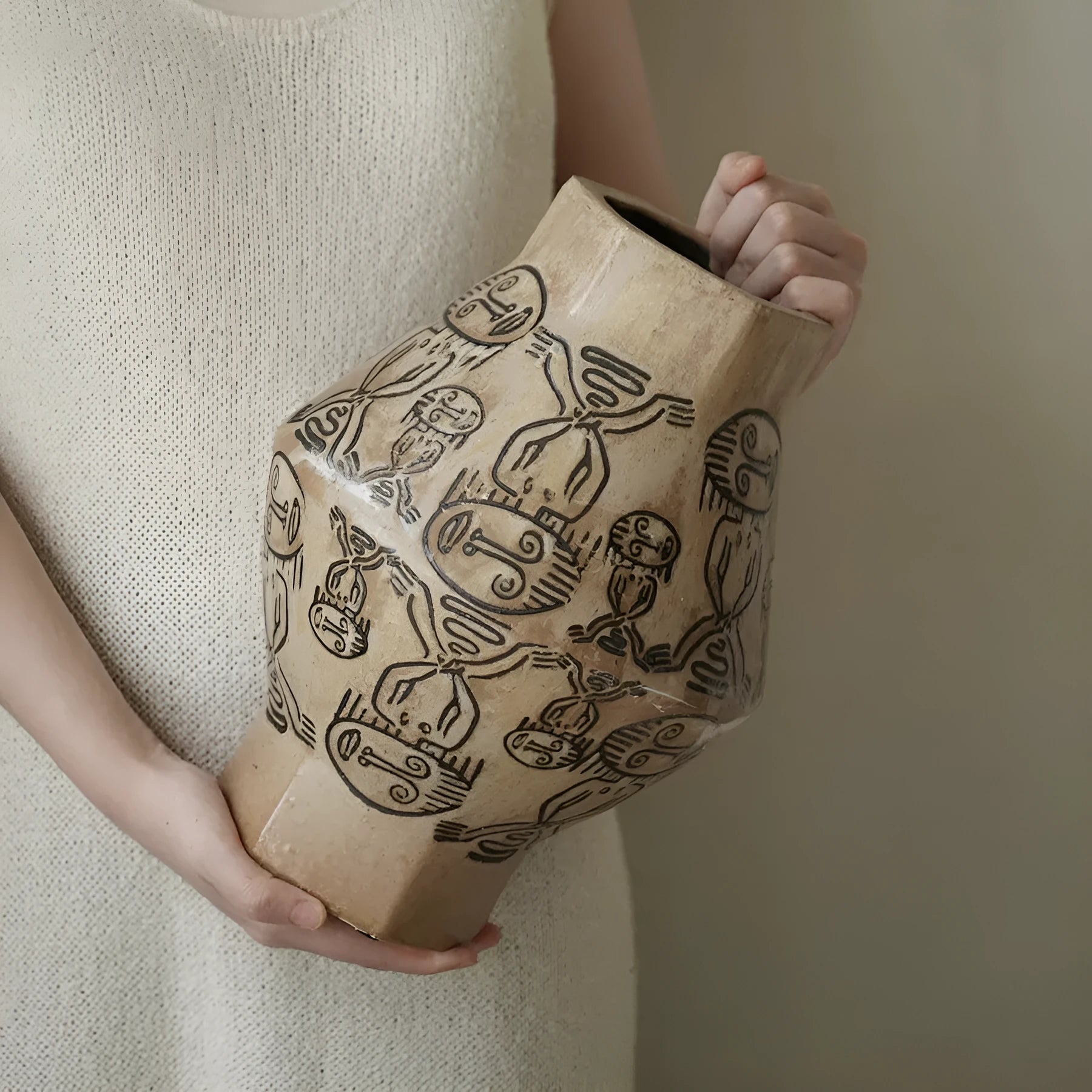 Hand-painted ceramic vase with tribal totem flower designs and vintage carved art patterns