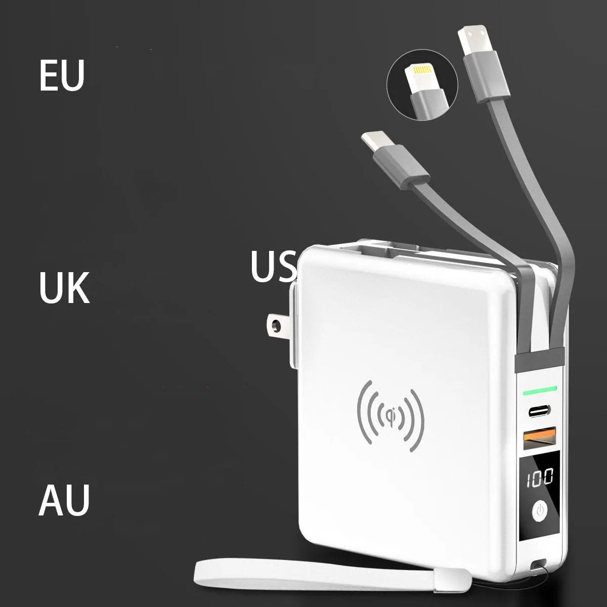 Super QI wireless charging power bank PD20W 10000mAh with travel adapter in black or white