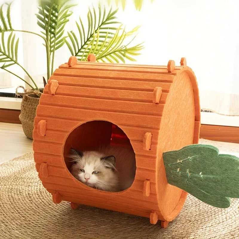 Carrot-themed cat nest with felt tunnel, semi-enclosed cattery in two size options.