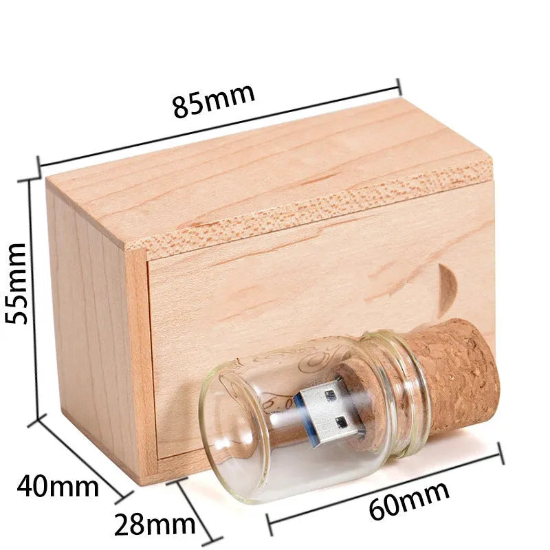 Personalised wooden drift bottle-shaped USB flash drive showing custom graphic on its side.