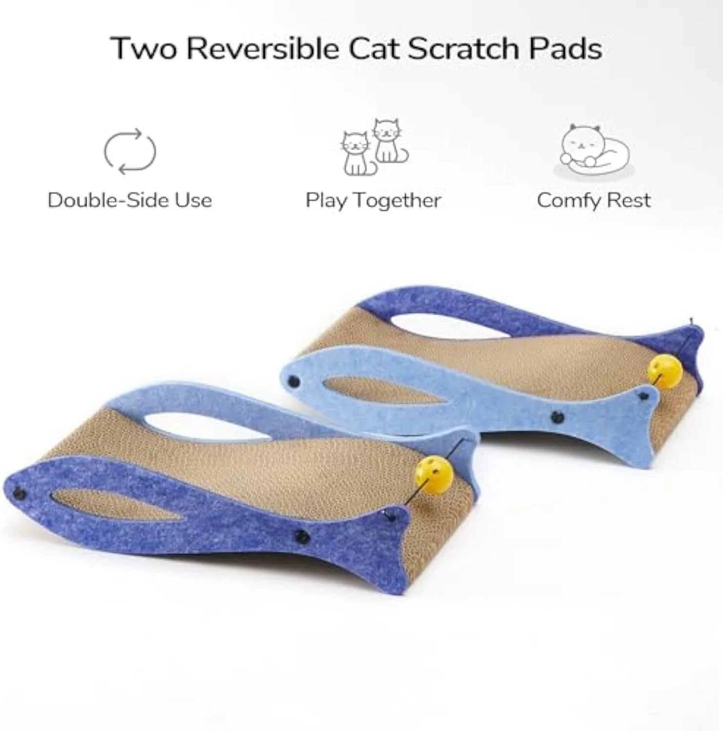 Blue fish-shaped cardboard cat scratcher lounge with dangling ball toys on an elastic cord.