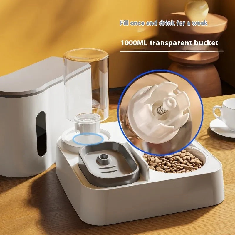 Automatic cat feeder with integrated water dispenser showing grey, green, and yellow colour options