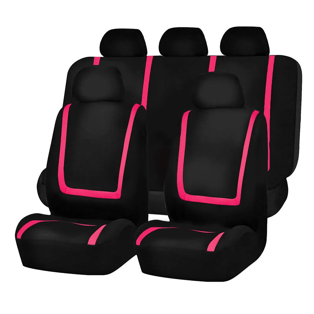 Universal car seat cover set showing fabric construction with headrest and seat protection