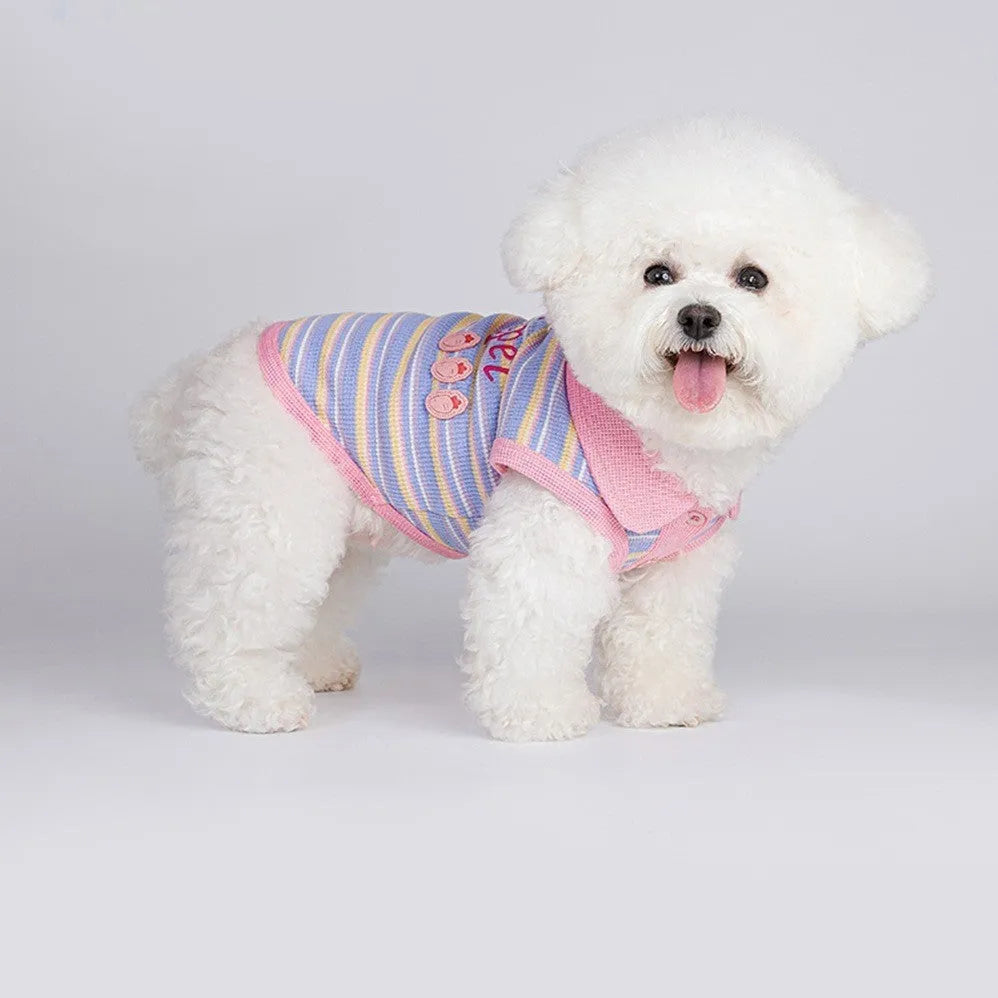 Pink purple sleeveless dog vest with a knitted turtleneck collar laid flat.