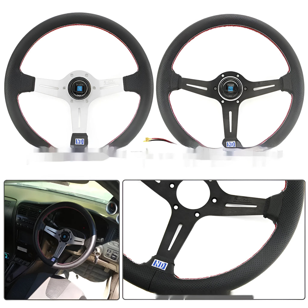 14-inch leather steering wheel with middle concave design showing black skeleton frame option