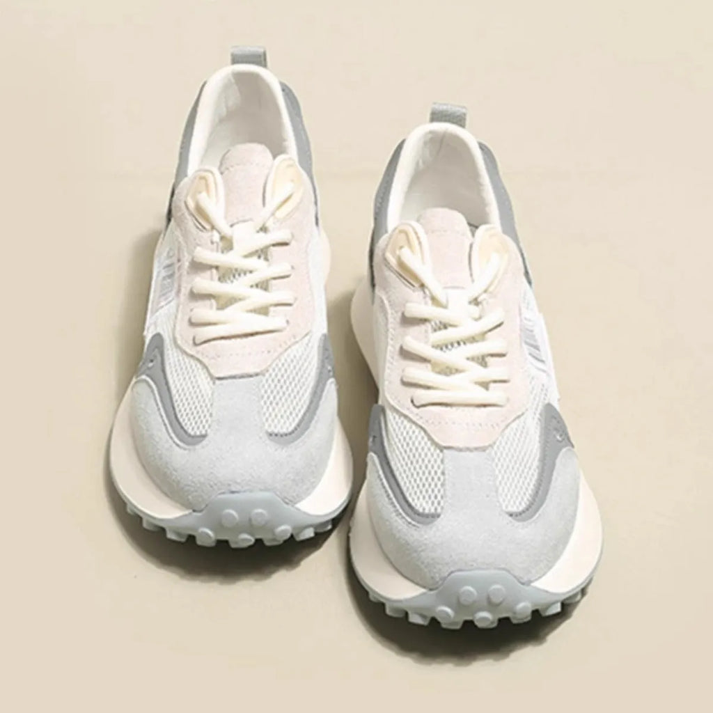Women's grey and pink retro casual sneakers with mesh lining and rubber sole, low-top design