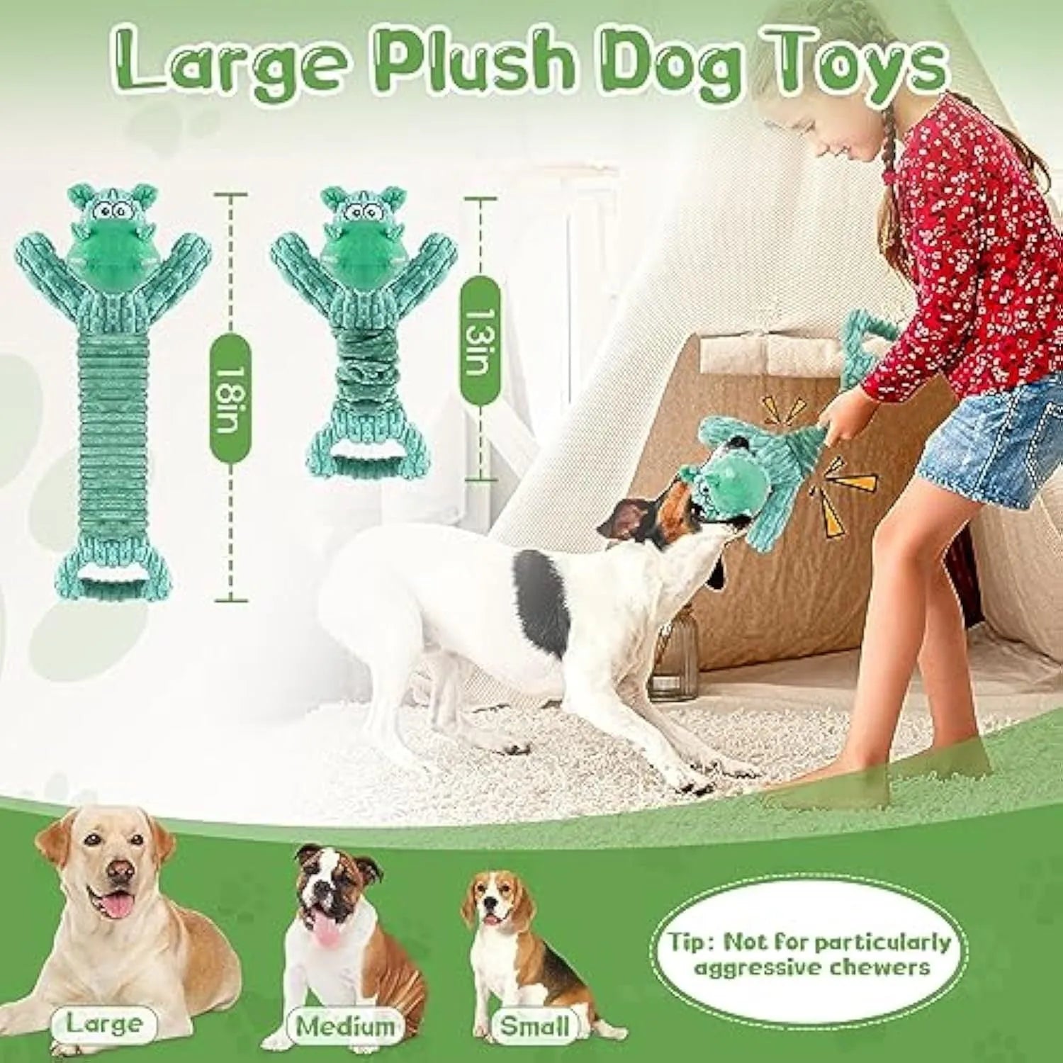 Large plush hippo or monkey dog toy with a handle, for squeaky and tug of war play