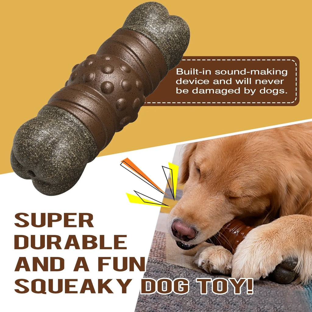 Wood colour plastic bone-shaped dog toy with textured surfaces for dental cleaning and sounding feature