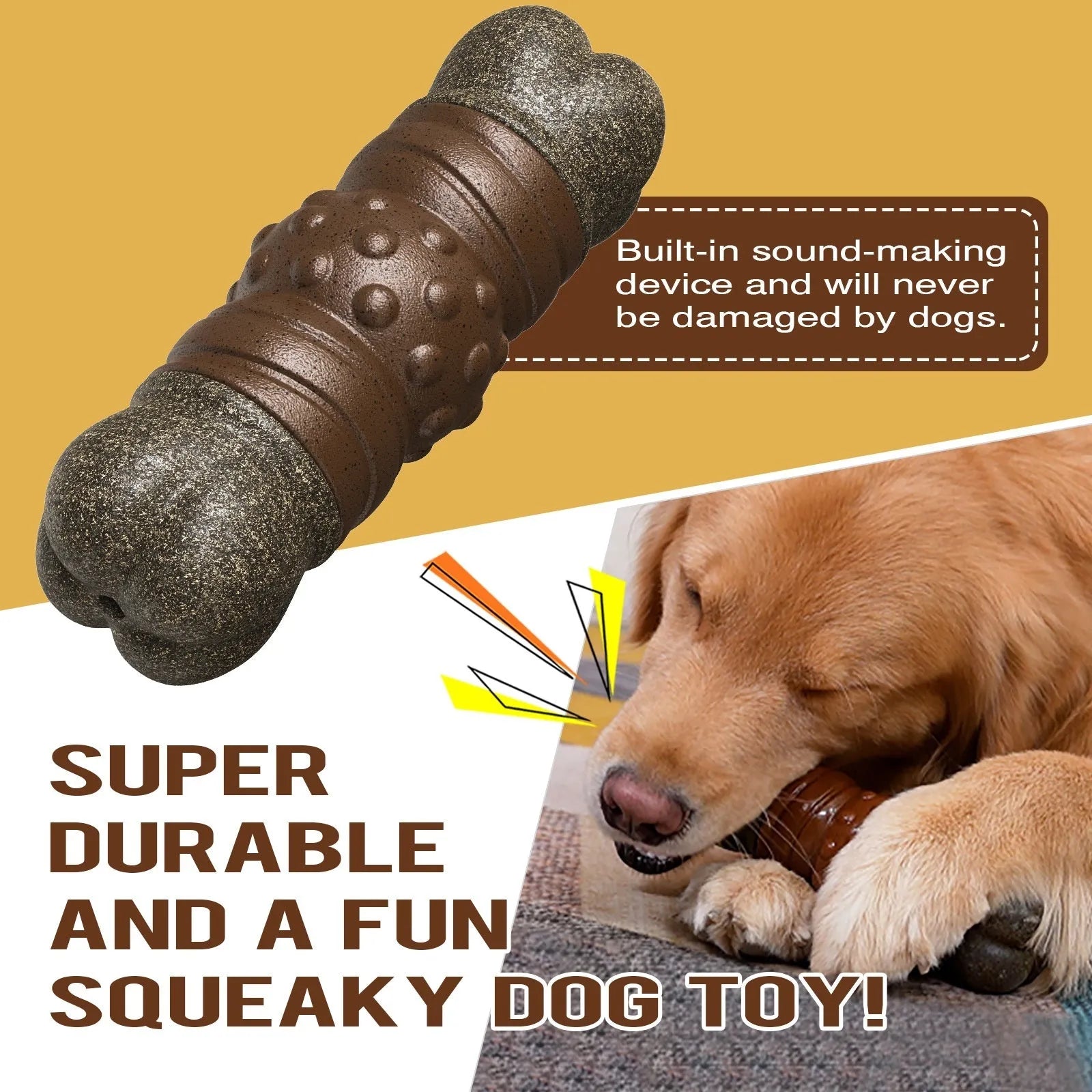 Wood colour plastic bone-shaped dog toy with textured surfaces for dental cleaning and sounding feature
