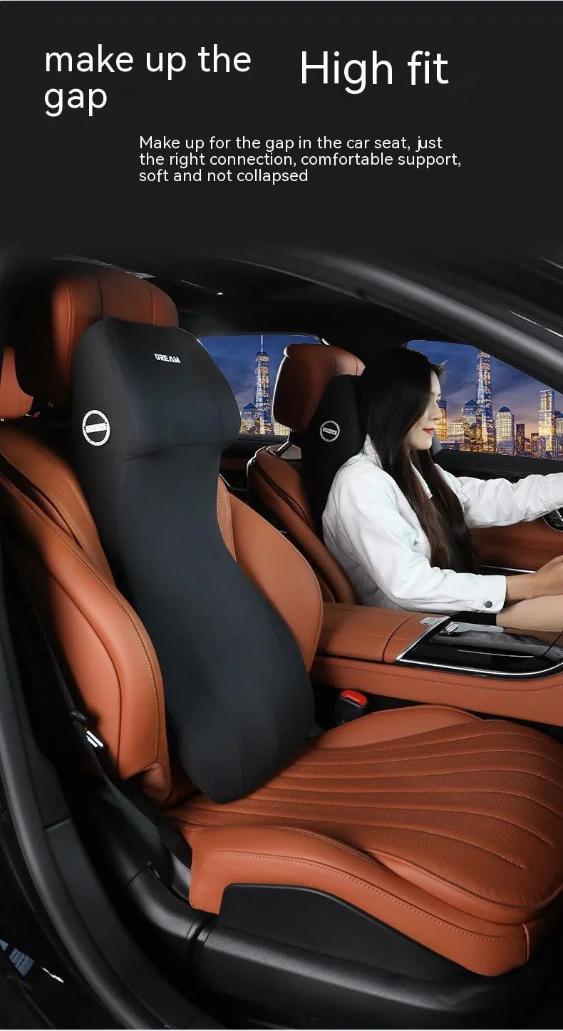 Integrated automotive memory foam seat cushion and headrest lumbar support pillow in various colours.