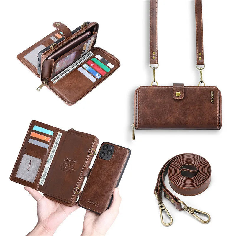 Detachable wallet backpack phone case with leather flip cover for iPhone and Samsung phones