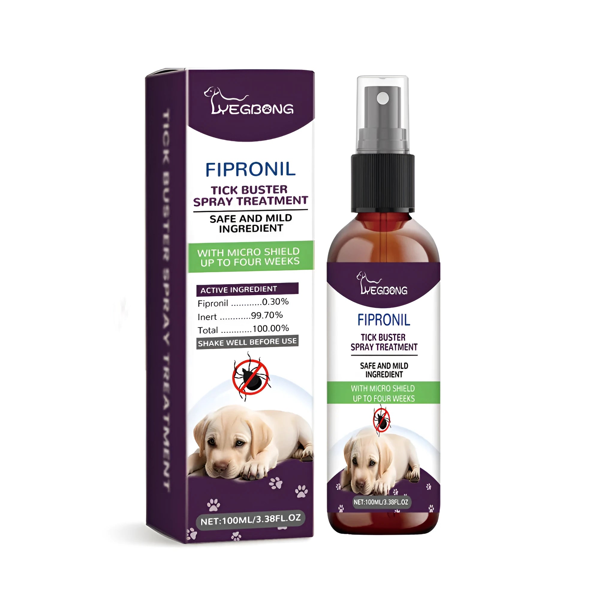 100ml bottle of pet pest spray for dogs and cats with fipronil and botanical extracts