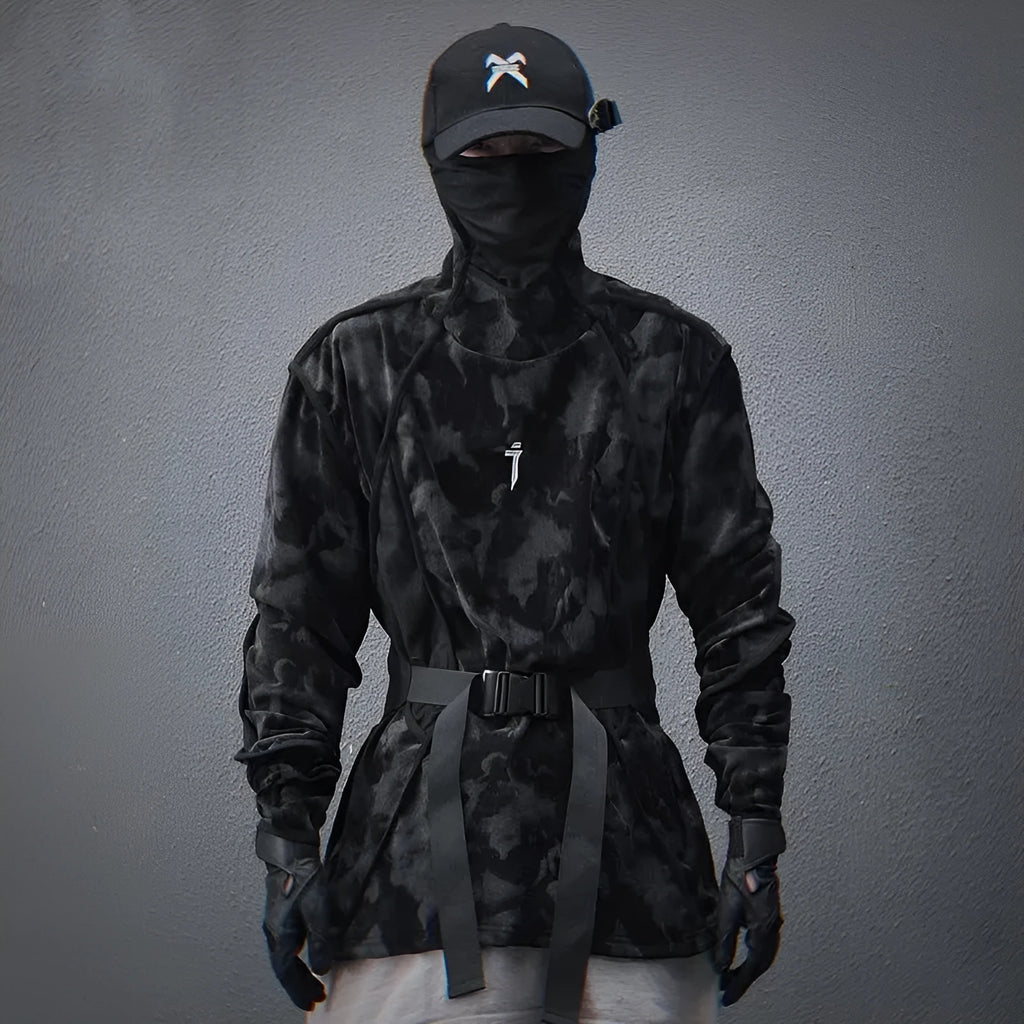 Men's loose tie dye turtleneck sweater with drop-shoulder long sleeves in black and grey polyester fabric