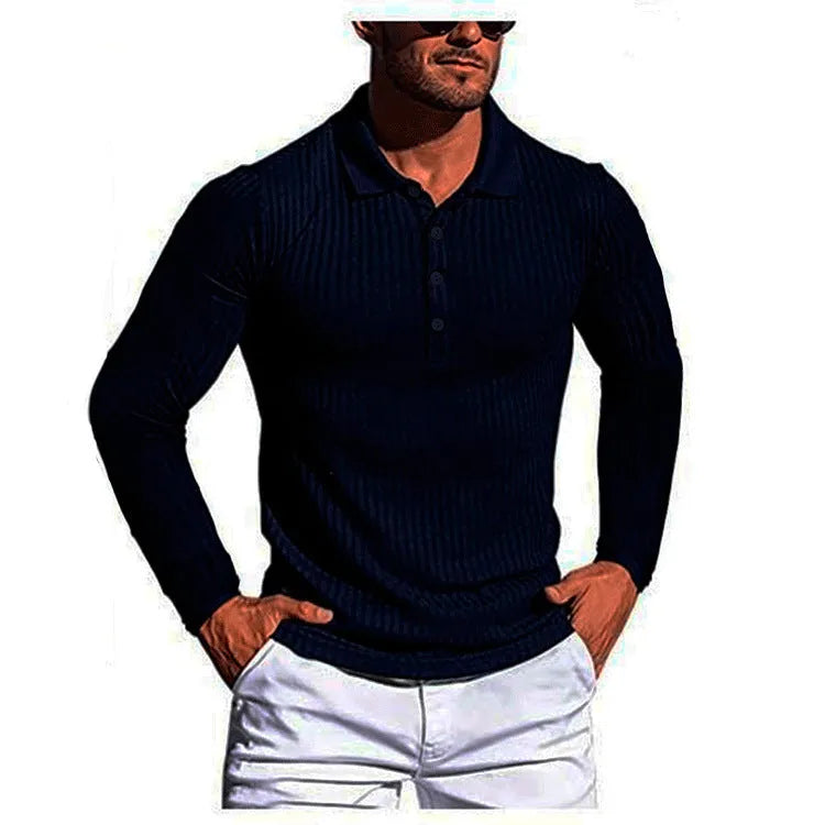 Man wearing a striped loose-fit short sleeve polo shirt in army green colour