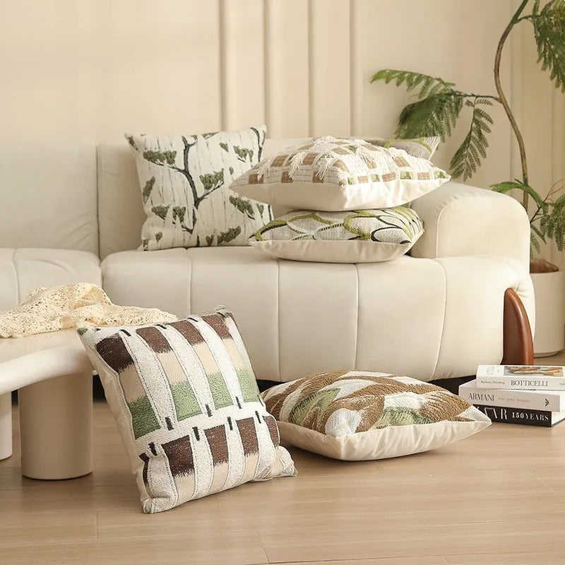 Square jacquard cushion cover with detailed plant and flower pattern in Nordic retro style.