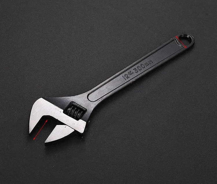High-carbon steel open-end adjustable wrench with black finish on ergonomic handle.